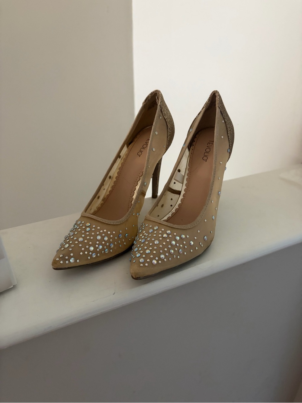 Tevolio Champagne Nude Crystal-Studded Pointed Toe Pumps